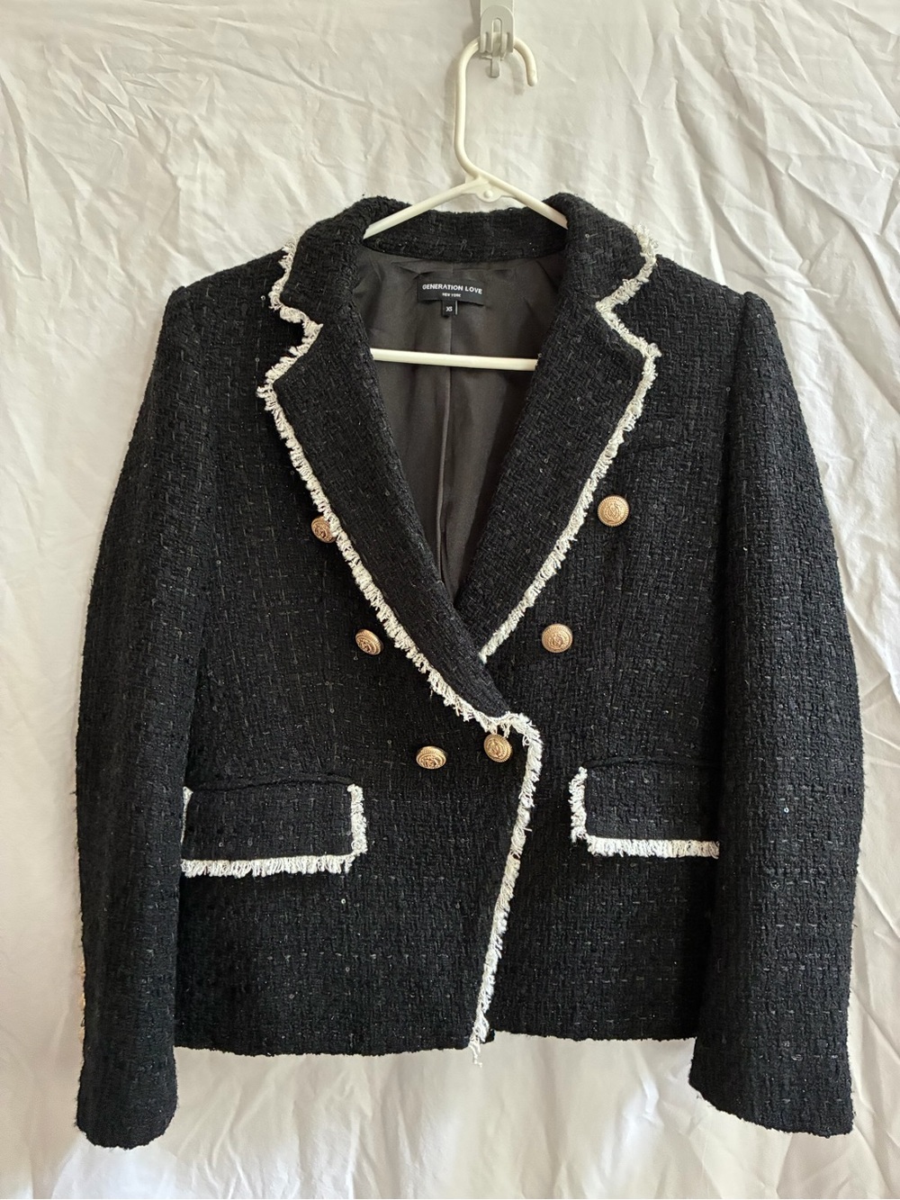 Generation Love women’s bouclé blazer with gold buttons